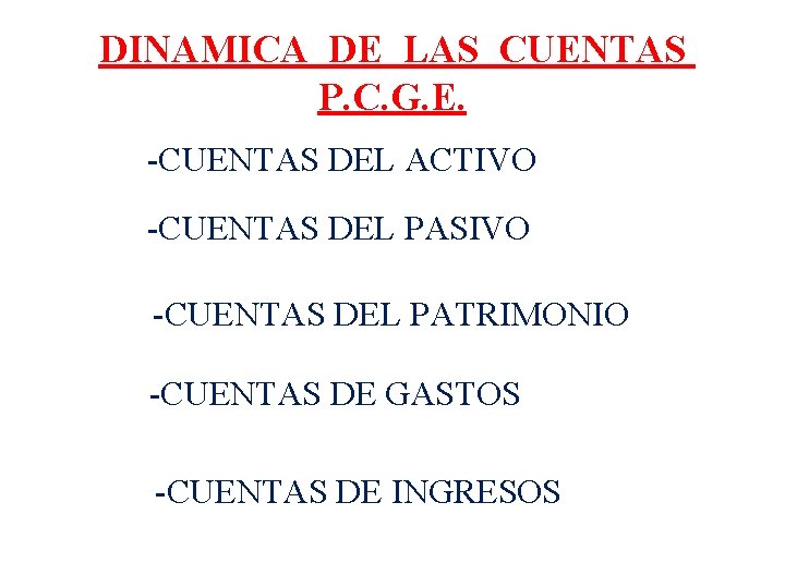 DINAMICA DE LAS CUENTAS P. C. G. E. -CUENTAS DEL ACTIVO -CUENTAS DEL PASIVO DINAMICA DE LAS CUENTAS P. C. G. E. -CUENTAS DEL ACTIVO -CUENTAS DEL PASIVO