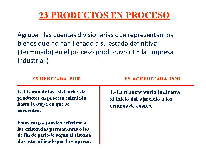 23 PRODUCTOS EN PROCESO Agrupan las cuentas divisionarias que representan los bienes que no 23 PRODUCTOS EN PROCESO Agrupan las cuentas divisionarias que representan los bienes que no