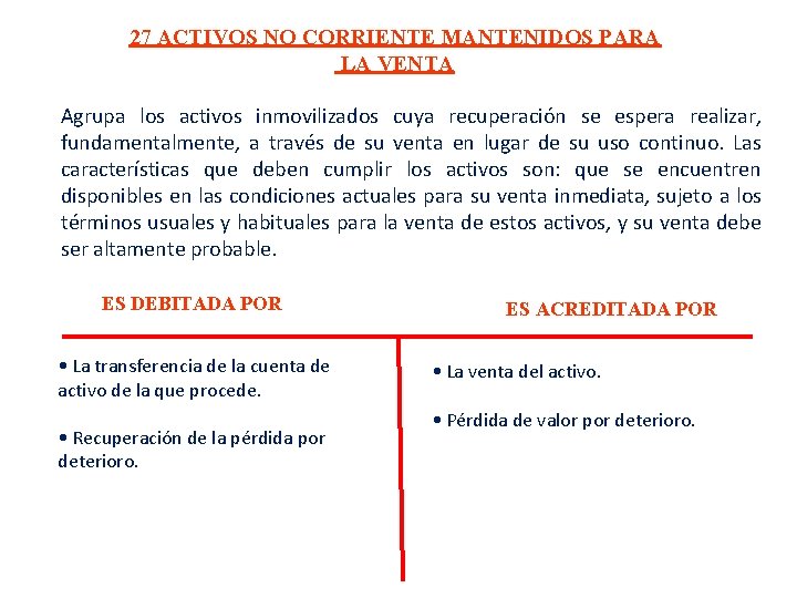 27 ACTIVOS NO CORRIENTE MANTENIDOS PARA LA VENTA Agrupa los activos inmovilizados cuya recuperación 27 ACTIVOS NO CORRIENTE MANTENIDOS PARA LA VENTA Agrupa los activos inmovilizados cuya recuperación