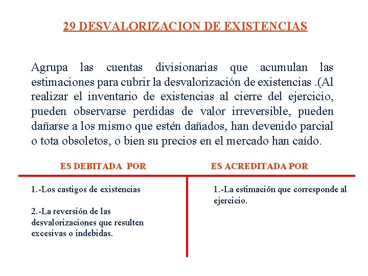 29 DESVALORIZACION DE EXISTENCIAS Agrupa las cuentas divisionarias que acumulan las estimaciones para cubrir 29 DESVALORIZACION DE EXISTENCIAS Agrupa las cuentas divisionarias que acumulan las estimaciones para cubrir