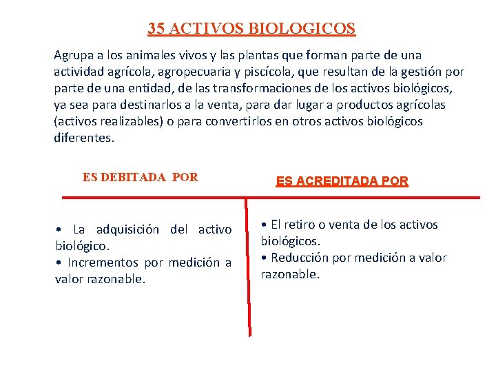 35 ACTIVOS BIOLOGICOS Agrupa a los animales vivos y las plantas que forman parte 35 ACTIVOS BIOLOGICOS Agrupa a los animales vivos y las plantas que forman parte