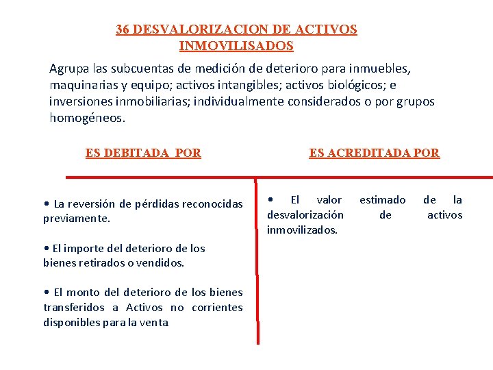 36 DESVALORIZACION DE ACTIVOS INMOVILISADOS Agrupa las subcuentas de medición de deterioro para inmuebles, 36 DESVALORIZACION DE ACTIVOS INMOVILISADOS Agrupa las subcuentas de medición de deterioro para inmuebles,