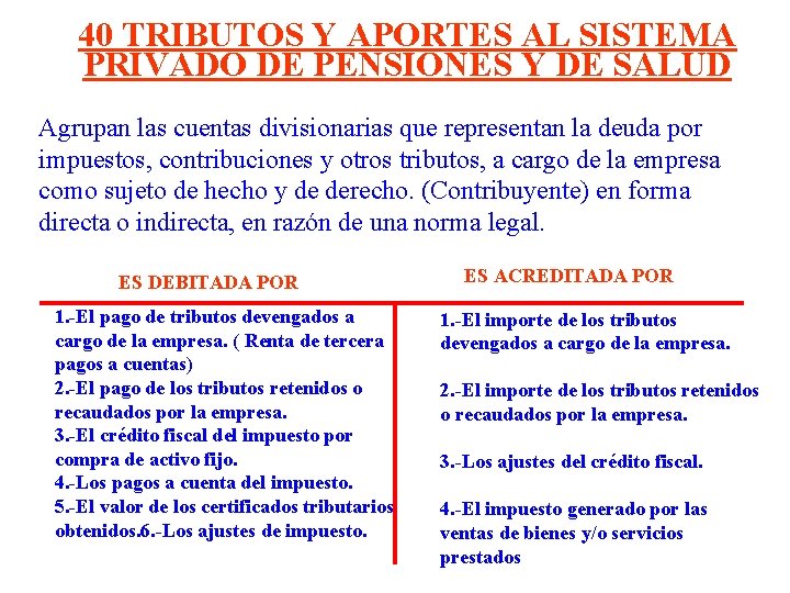 40 TRIBUTOS Y APORTES AL SISTEMA PRIVADO DE PENSIONES Y DE SALUD Agrupan las 40 TRIBUTOS Y APORTES AL SISTEMA PRIVADO DE PENSIONES Y DE SALUD Agrupan las