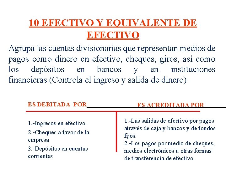 10 EFECTIVO Y EQUIVALENTE DE EFECTIVO Agrupa las cuentas divisionarias que representan medios de 10 EFECTIVO Y EQUIVALENTE DE EFECTIVO Agrupa las cuentas divisionarias que representan medios de
