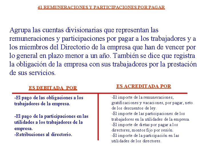 41 REMUNERACIONES Y PARTICIPACIONES POR PAGAR Agrupa las cuentas divisionarias que representan las remuneraciones 41 REMUNERACIONES Y PARTICIPACIONES POR PAGAR Agrupa las cuentas divisionarias que representan las remuneraciones