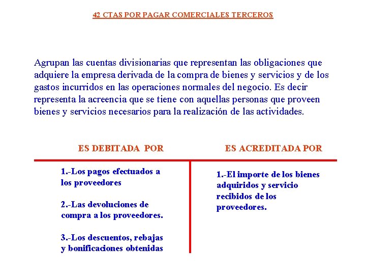 42 CTAS POR PAGAR COMERCIALES TERCEROS Agrupan las cuentas divisionarias que representan las obligaciones 42 CTAS POR PAGAR COMERCIALES TERCEROS Agrupan las cuentas divisionarias que representan las obligaciones