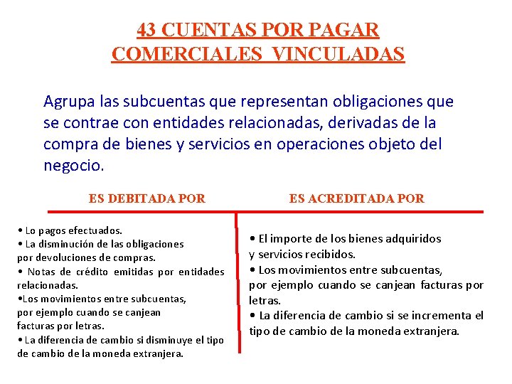 43 CUENTAS POR PAGAR COMERCIALES VINCULADAS Agrupa las subcuentas que representan obligaciones que se 43 CUENTAS POR PAGAR COMERCIALES VINCULADAS Agrupa las subcuentas que representan obligaciones que se