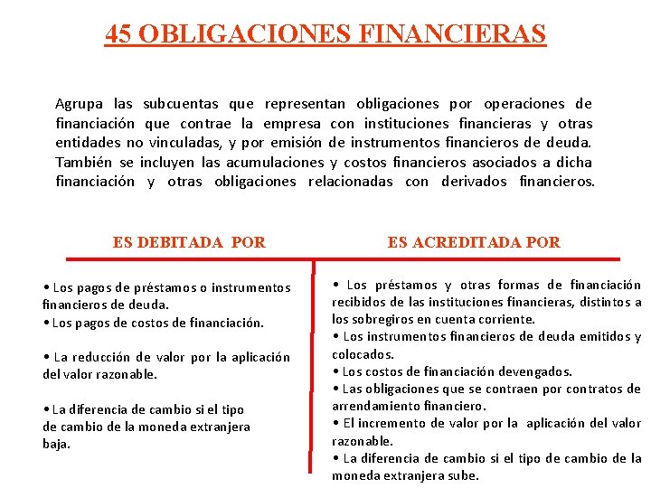 45 OBLIGACIONES FINANCIERAS Agrupa las subcuentas que representan obligaciones por operaciones de financiación que 45 OBLIGACIONES FINANCIERAS Agrupa las subcuentas que representan obligaciones por operaciones de financiación que
