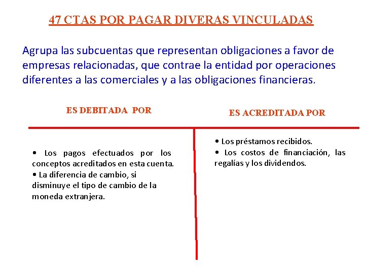 47 CTAS POR PAGAR DIVERAS VINCULADAS Agrupa las subcuentas que representan obligaciones a favor 47 CTAS POR PAGAR DIVERAS VINCULADAS Agrupa las subcuentas que representan obligaciones a favor
