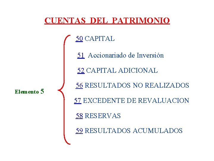 CUENTAS DEL PATRIMONIO 50 CAPITAL 51 Accionariado de Inversión 52 CAPITAL ADICIONAL Elemento 5 CUENTAS DEL PATRIMONIO 50 CAPITAL 51 Accionariado de Inversión 52 CAPITAL ADICIONAL Elemento 5