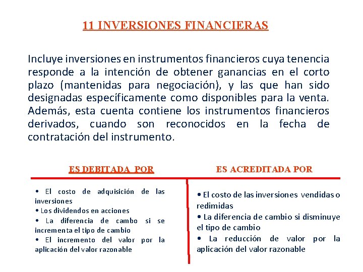 11 INVERSIONES FINANCIERAS Incluye inversiones en instrumentos financieros cuya tenencia responde a la intención 11 INVERSIONES FINANCIERAS Incluye inversiones en instrumentos financieros cuya tenencia responde a la intención