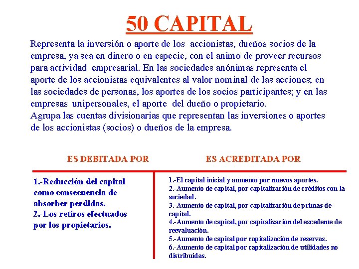 50 CAPITAL Representa la inversión o aporte de los accionistas, dueños socios de la 50 CAPITAL Representa la inversión o aporte de los accionistas, dueños socios de la