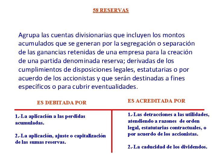 58 RESERVAS Agrupa las cuentas divisionarias que incluyen los montos acumulados que se generan 58 RESERVAS Agrupa las cuentas divisionarias que incluyen los montos acumulados que se generan