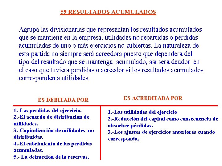 59 RESULTADOS ACUMULADOS Agrupa las divisionarias que representan los resultados acumulados que se mantiene 59 RESULTADOS ACUMULADOS Agrupa las divisionarias que representan los resultados acumulados que se mantiene