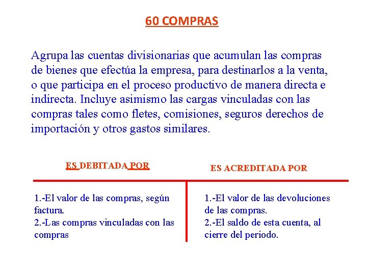 60 COMPRAS Agrupa las cuentas divisionarias que acumulan las compras de bienes que efectúa 60 COMPRAS Agrupa las cuentas divisionarias que acumulan las compras de bienes que efectúa