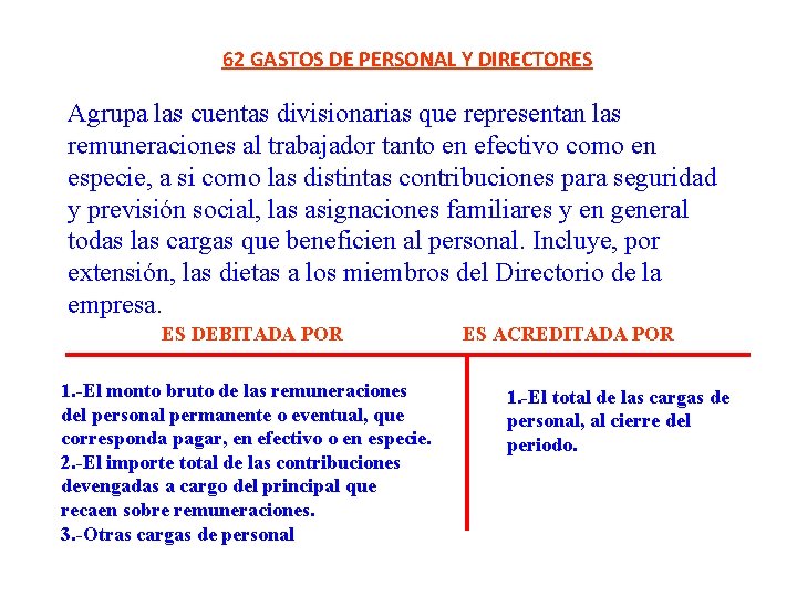 62 GASTOS DE PERSONAL Y DIRECTORES Agrupa las cuentas divisionarias que representan las remuneraciones 62 GASTOS DE PERSONAL Y DIRECTORES Agrupa las cuentas divisionarias que representan las remuneraciones