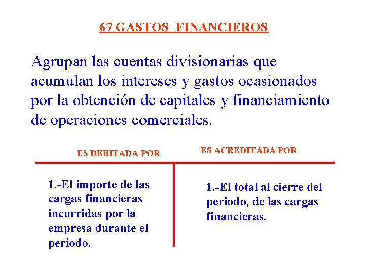 67 GASTOS FINANCIEROS Agrupan las cuentas divisionarias que acumulan los intereses y gastos ocasionados 67 GASTOS FINANCIEROS Agrupan las cuentas divisionarias que acumulan los intereses y gastos ocasionados