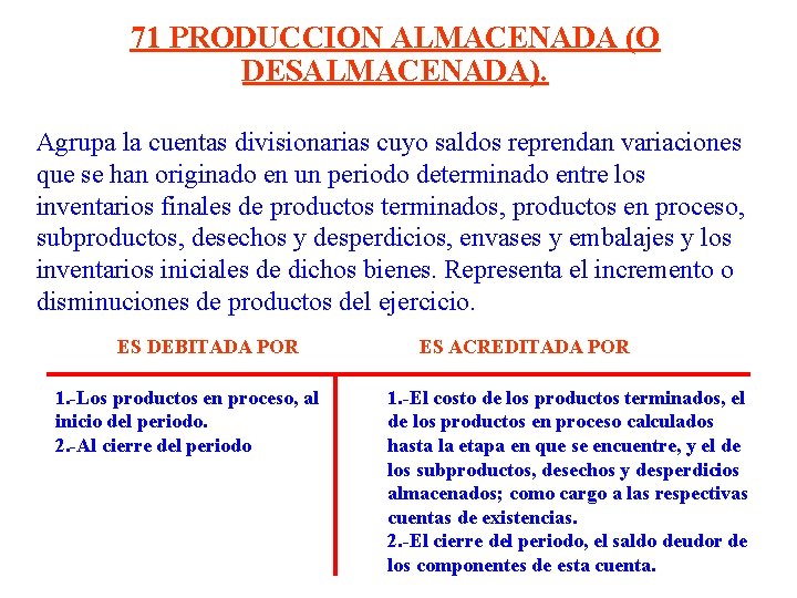 71 PRODUCCION ALMACENADA (O DESALMACENADA). Agrupa la cuentas divisionarias cuyo saldos reprendan variaciones que 71 PRODUCCION ALMACENADA (O DESALMACENADA). Agrupa la cuentas divisionarias cuyo saldos reprendan variaciones que