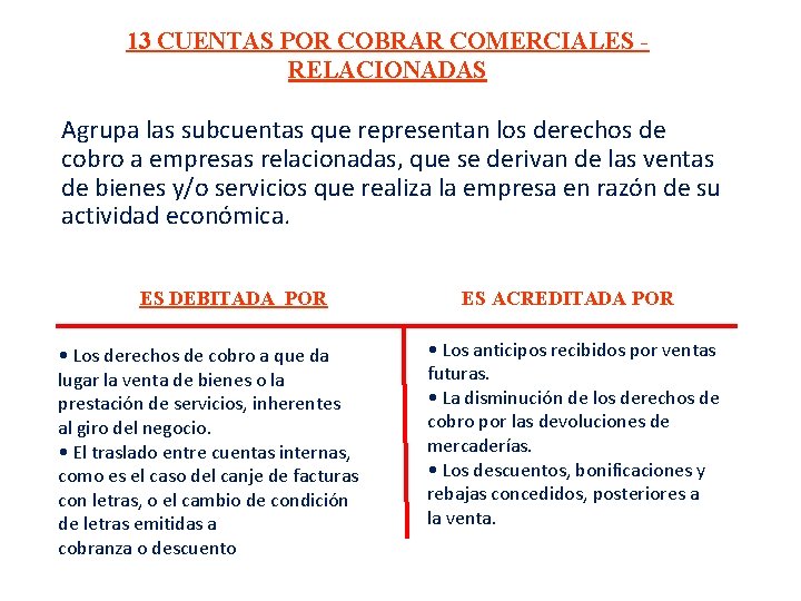 13 CUENTAS POR COBRAR COMERCIALES RELACIONADAS Agrupa las subcuentas que representan los derechos de 13 CUENTAS POR COBRAR COMERCIALES RELACIONADAS Agrupa las subcuentas que representan los derechos de