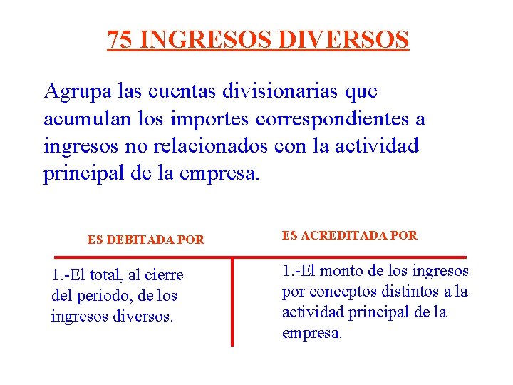 75 INGRESOS DIVERSOS Agrupa las cuentas divisionarias que acumulan los importes correspondientes a ingresos 75 INGRESOS DIVERSOS Agrupa las cuentas divisionarias que acumulan los importes correspondientes a ingresos