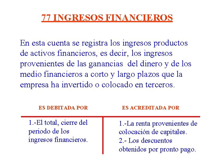 77 INGRESOS FINANCIEROS En esta cuenta se registra los ingresos productos de activos financieros, 77 INGRESOS FINANCIEROS En esta cuenta se registra los ingresos productos de activos financieros,