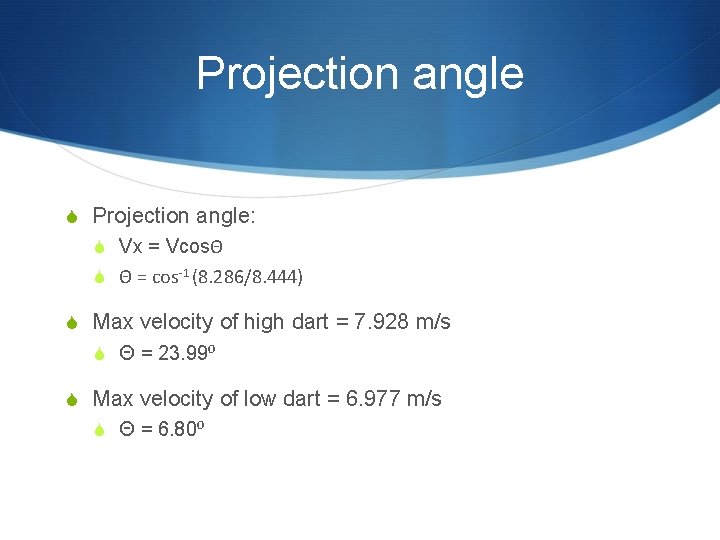 Projection angle S Projection angle: S Vx = VcosΘ S Θ = cos-1 (8.