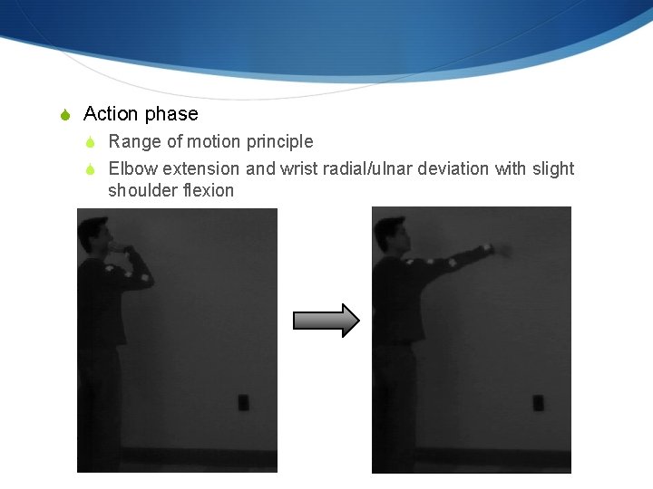 S Action phase S Range of motion principle S Elbow extension and wrist radial/ulnar