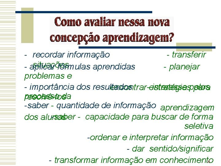 - recordar informação - transferir situações - aplicar fórmulas aprendidas - planejar problemas e