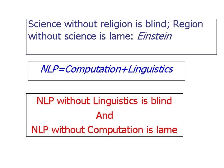 Science without religion is blind; Region without science is lame: Einstein NLP=Computation+Linguistics NLP without