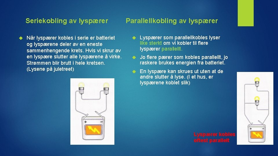 Seriekobling av lyspærer Når lyspærer kobles i serie er batteriet og lyspærene deler av