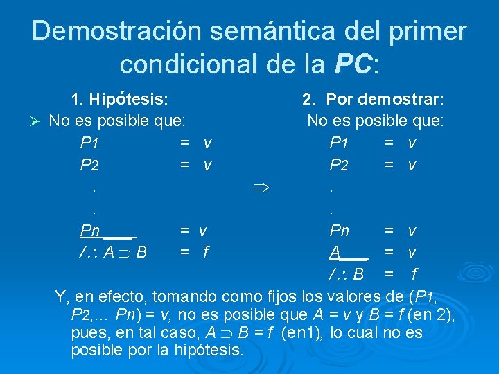 Demostración semántica del primer condicional de la PC: 1. Hipótesis: Ø No es posible