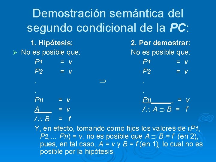 Demostración semántica del segundo condicional de la PC: 1. Hipótesis: 2. Por demostrar: Ø