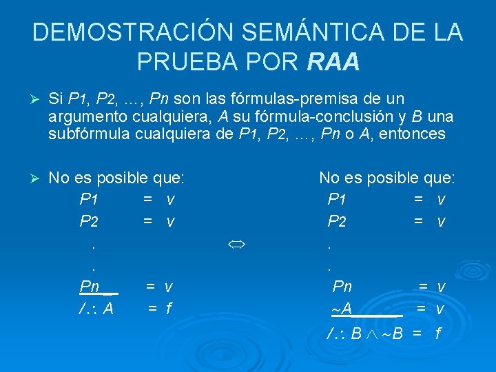 DEMOSTRACIÓN SEMÁNTICA DE LA PRUEBA POR RAA Ø Si P 1, P 2, …,