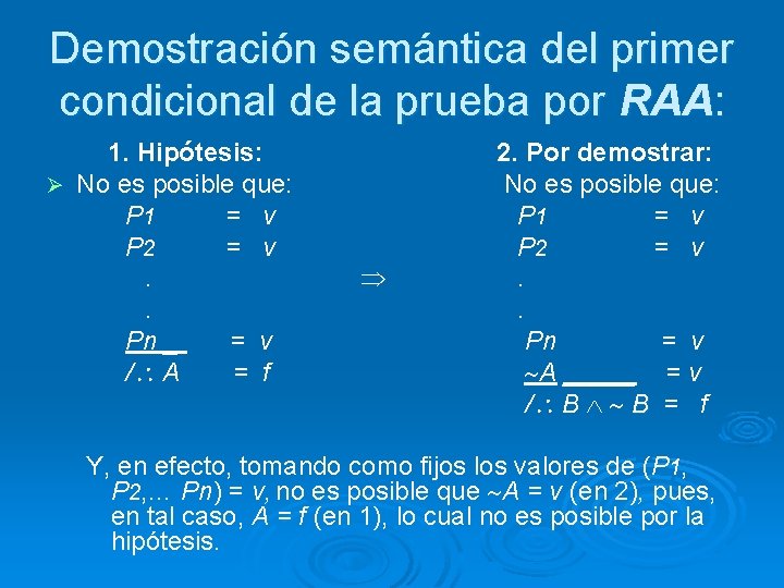 Demostración semántica del primer condicional de la prueba por RAA: 1. Hipótesis: Ø No