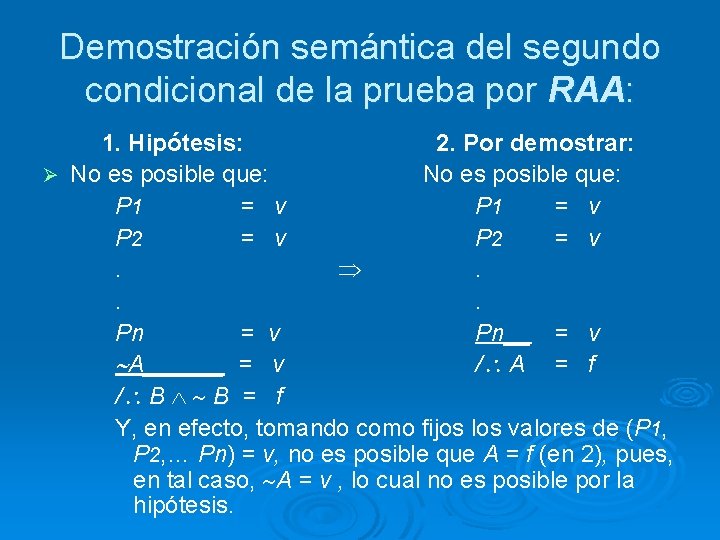 Demostración semántica del segundo condicional de la prueba por RAA: 1. Hipótesis: 2. Por