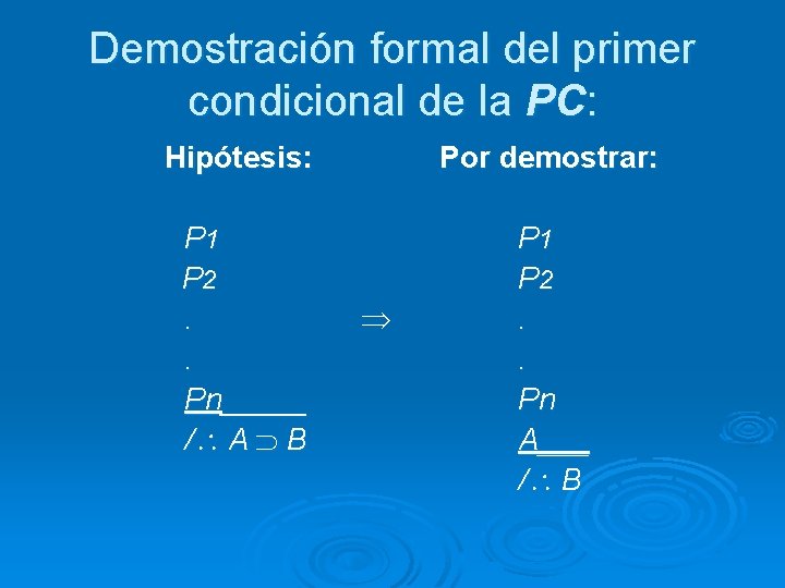 Demostración formal del primer condicional de la PC: Hipótesis: Por demostrar: P 1 P