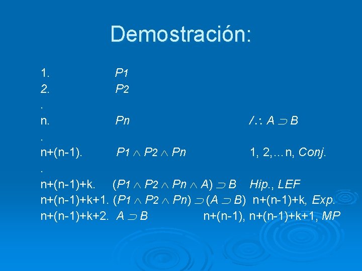 Demostración: 1. P 1 2. P 2. n. Pn / A B. n+(n-1). P