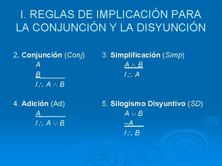 I. REGLAS DE IMPLICACIÓN PARA LA CONJUNCIÓN Y LA DISYUNCIÓN 2. Conjunción (Conj) A