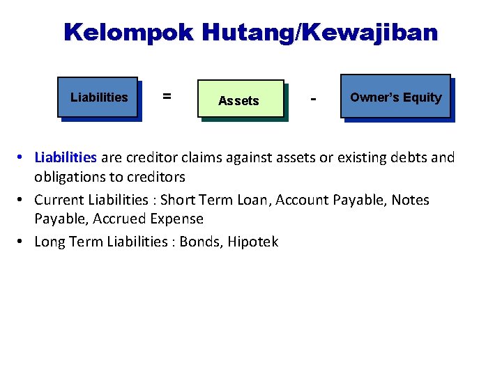 Kelompok Hutang/Kewajiban Liabilities = Assets - Owner’s Equity • Liabilities are creditor claims against