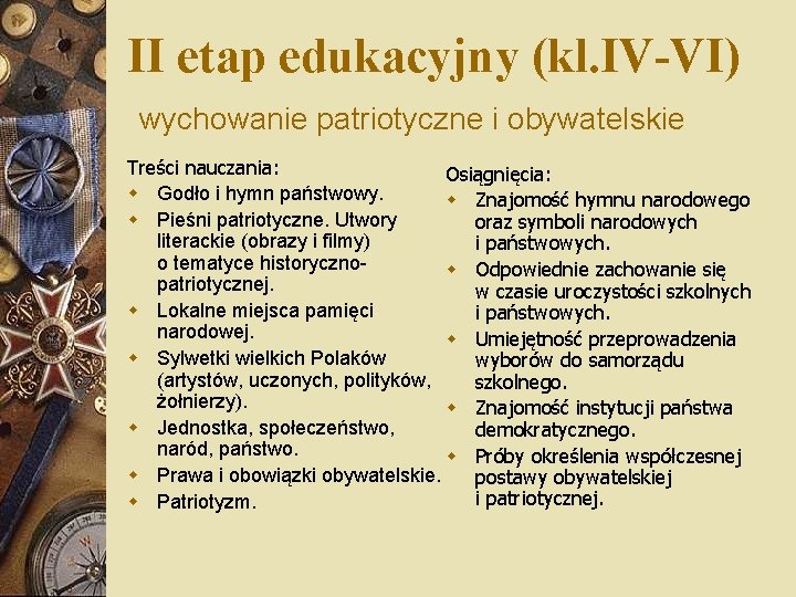 II etap edukacyjny (kl. IV-VI) wychowanie patriotyczne i obywatelskie Treści nauczania: Osiągnięcia: w Godło