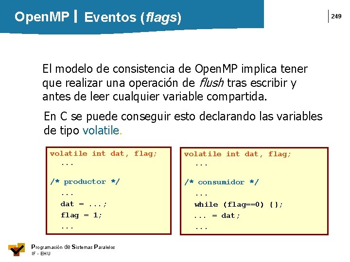 Open. MP Eventos (flags) 249 El modelo de consistencia de Open. MP implica tener