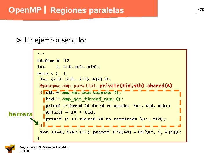 Open. MP Regiones paralelas 175 > Un ejemplo sencillo: . . . #define N