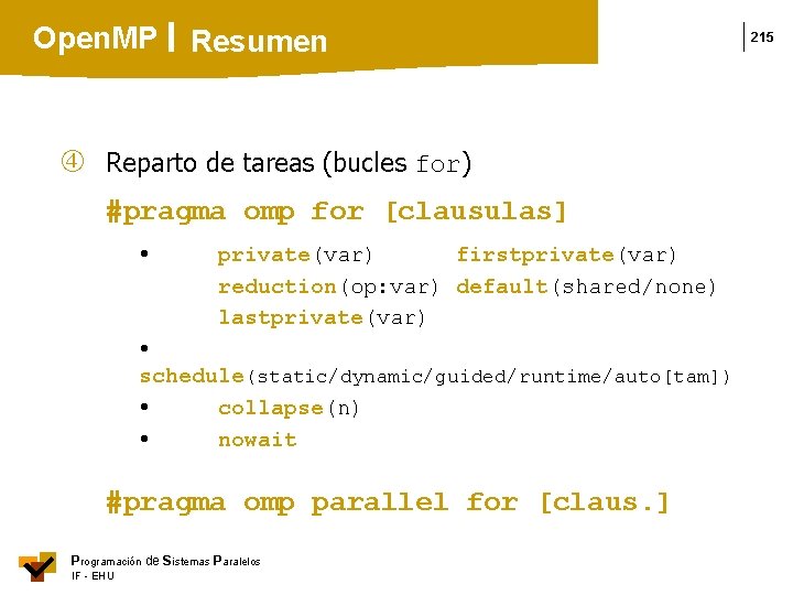 Open. MP Resumen Reparto de tareas (bucles for) #pragma omp for [clausulas] private(var) firstprivate(var)