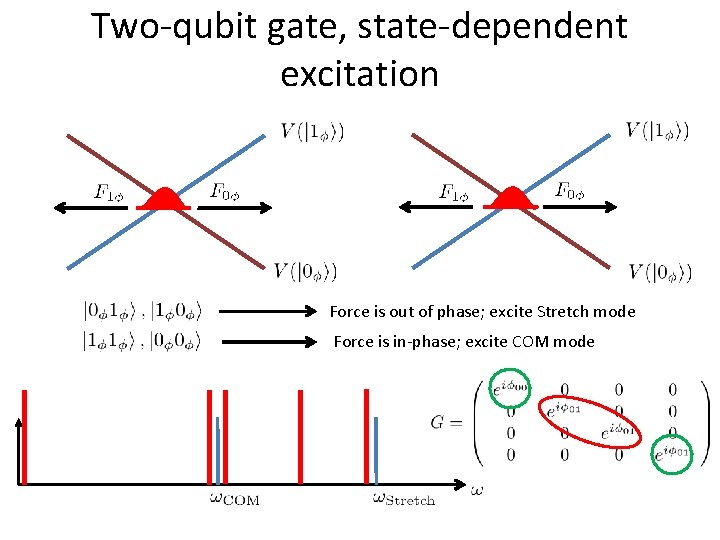 Two-qubit gate, state-dependent excitation Force is out of phase; excite Stretch mode Force is