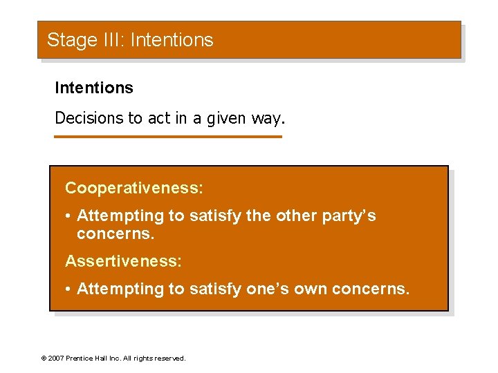 Stage III: Intentions Decisions to act in a given way. Cooperativeness: • Attempting to