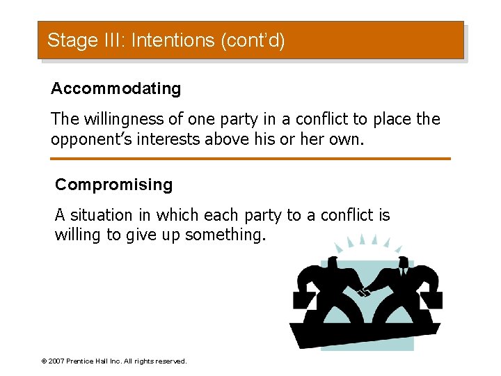 Stage III: Intentions (cont’d) Accommodating The willingness of one party in a conflict to