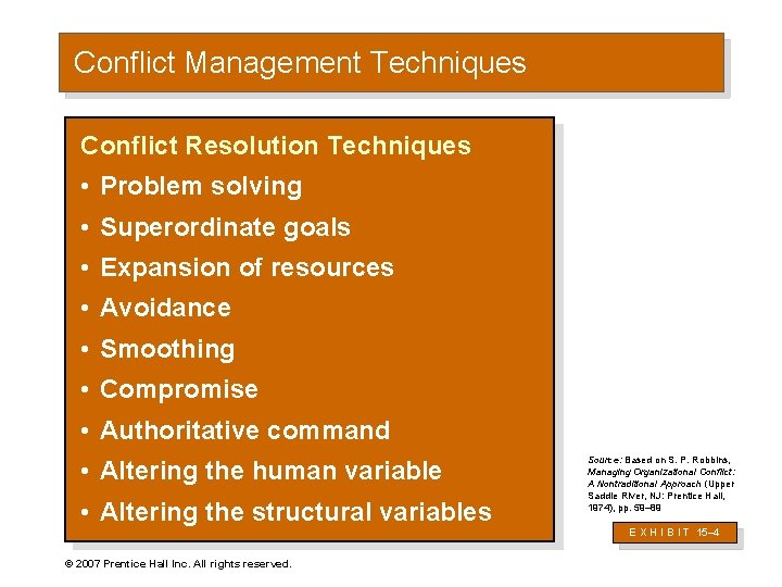 Conflict Management Techniques Conflict Resolution Techniques • Problem solving • Superordinate goals • Expansion
