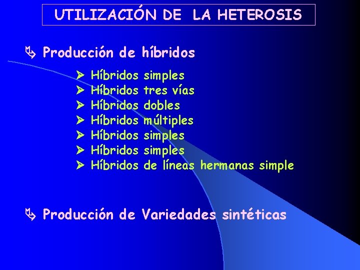 UTILIZACIÓN DE LA HETEROSIS Producción de híbridos Híbridos Híbridos simples tres vías dobles múltiples