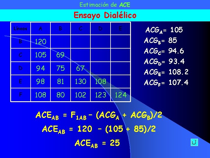Estimación de ACE Ensayo Dialélico Líneas A B 120 B C D C 105