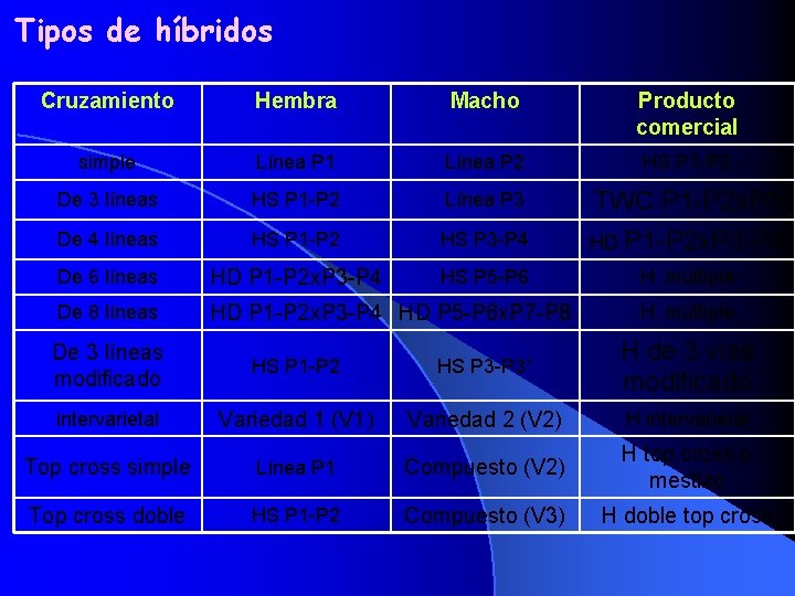Tipos de híbridos Cruzamiento Hembra Macho Producto comercial simple Línea P 1 Línea P